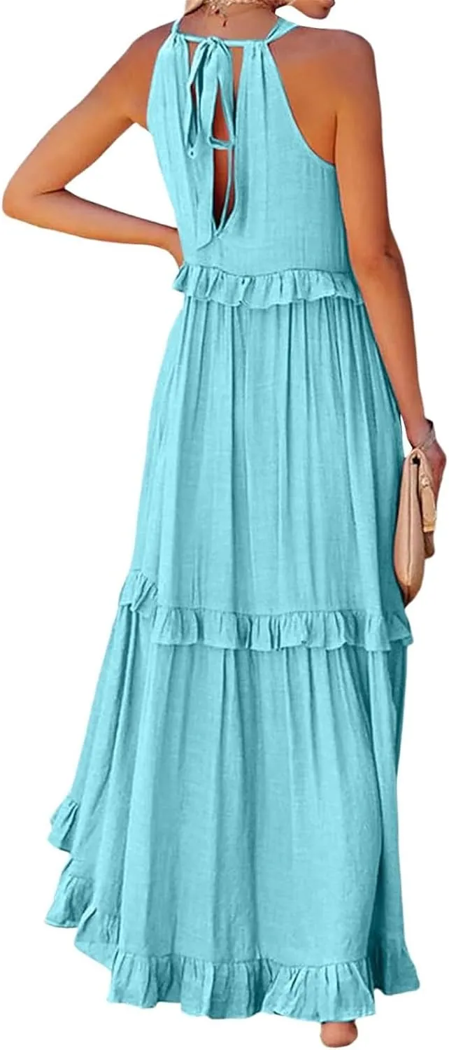 Wedding Guest Dresses for Women Sexy Halter Flowy Swing Maxi Dress Tiered Pleated Elegant Cocktail Formal Long Dress