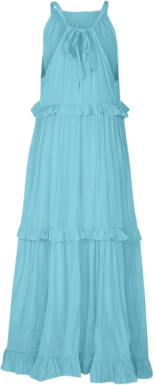 Wedding Guest Dresses for Women Sexy Halter Flowy Swing Maxi Dress Tiered Pleated Elegant Cocktail Formal Long Dress