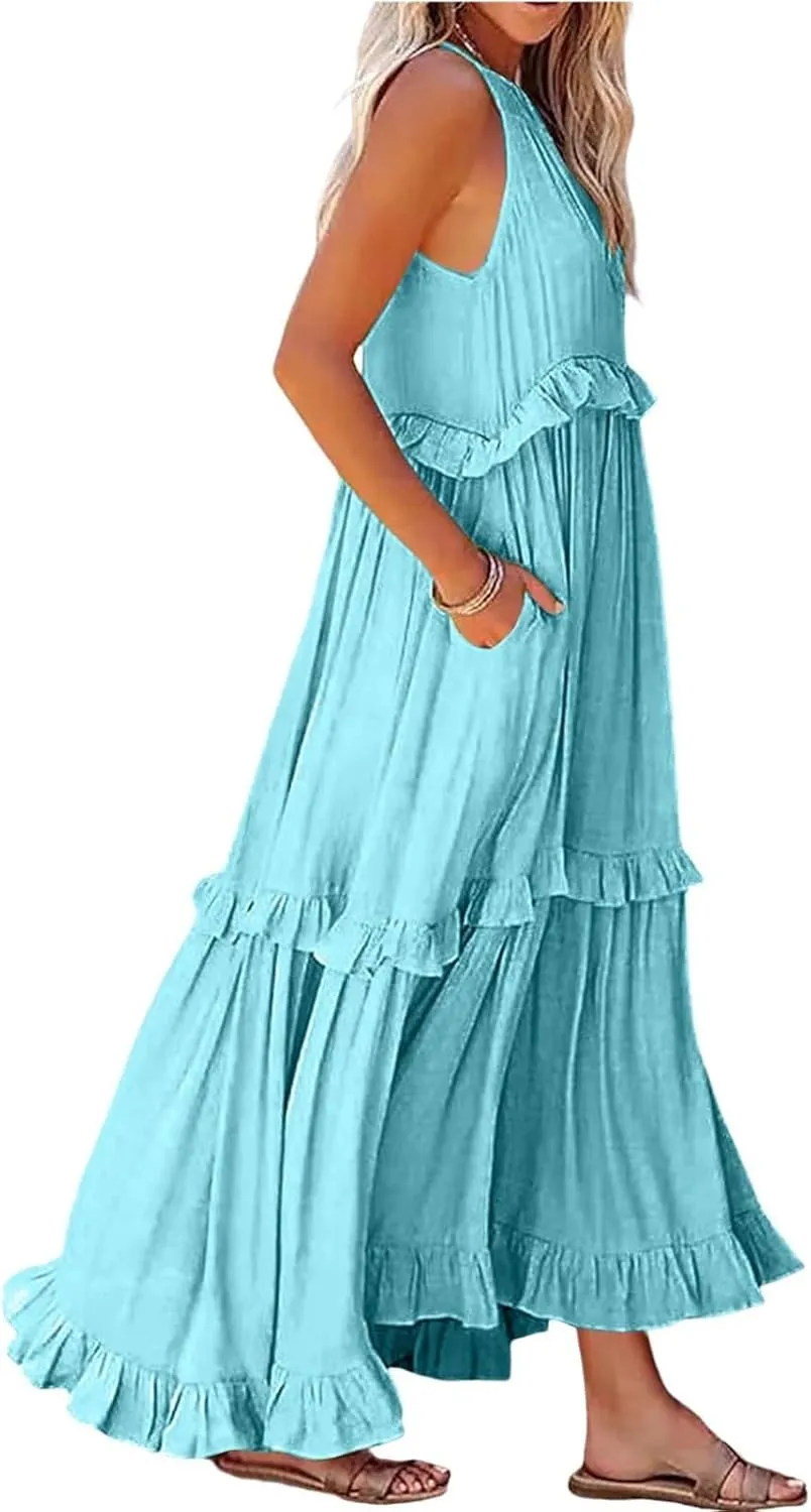 Wedding Guest Dresses for Women Sexy Halter Flowy Swing Maxi Dress Tiered Pleated Elegant Cocktail Formal Long Dress
