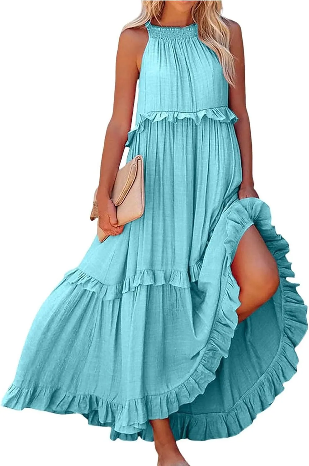 Wedding Guest Dresses for Women Sexy Halter Flowy Swing Maxi Dress Tiered Pleated Elegant Cocktail Formal Long Dress
