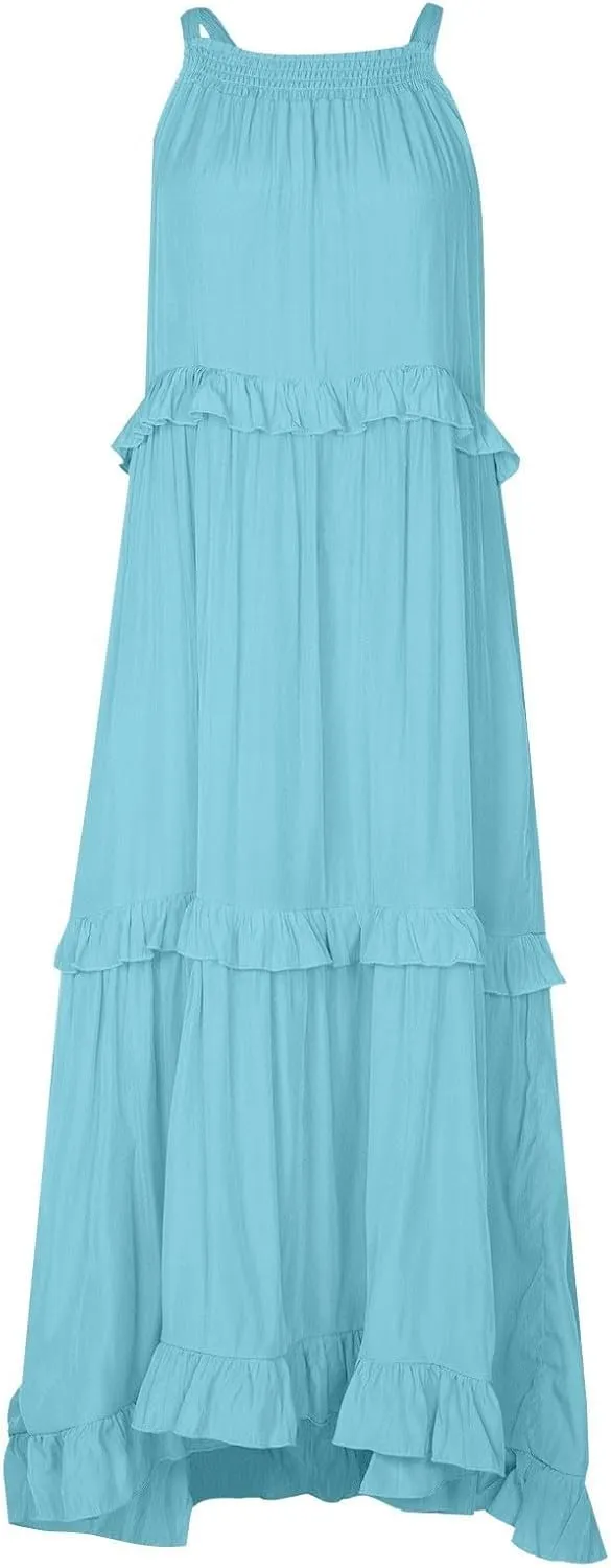 Wedding Guest Dresses for Women Sexy Halter Flowy Swing Maxi Dress Tiered Pleated Elegant Cocktail Formal Long Dress