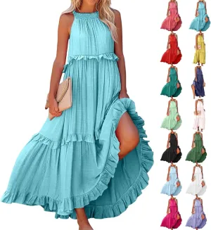Wedding Guest Dresses for Women Sexy Halter Flowy Swing Maxi Dress Tiered Pleated Elegant Cocktail Formal Long Dress