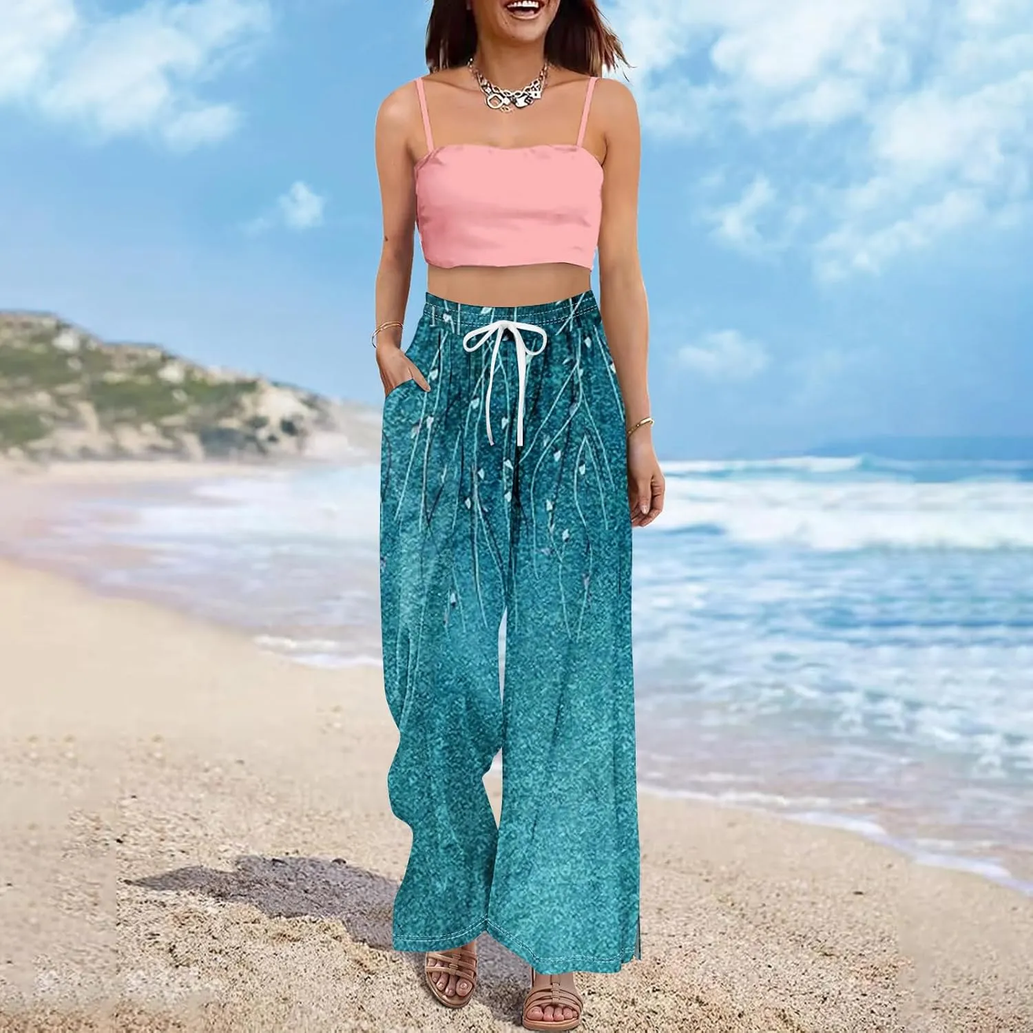 Wide Leg Pants Women Summer Boho High Waist Elastic Waist Palazzo Pants Trendy Casual Floral Print Trousers with Pockets