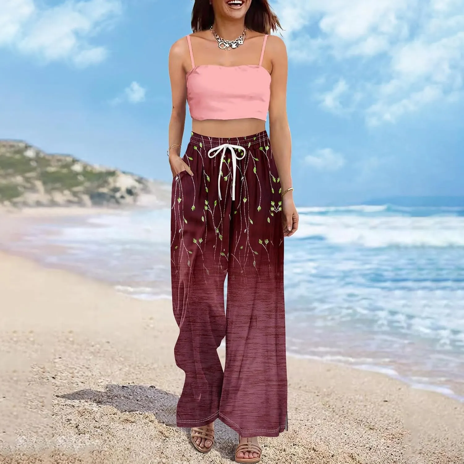 Wide Leg Pants Women Summer Boho High Waist Elastic Waist Palazzo Pants Trendy Casual Floral Print Trousers with Pockets
