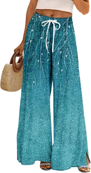 Wide Leg Pants Women Summer Boho High Waist Elastic Waist Palazzo Pants Trendy Casual Floral Print Trousers with Pockets