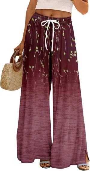 Wide Leg Pants Women Summer Boho High Waist Elastic Waist Palazzo Pants Trendy Casual Floral Print Trousers with Pockets