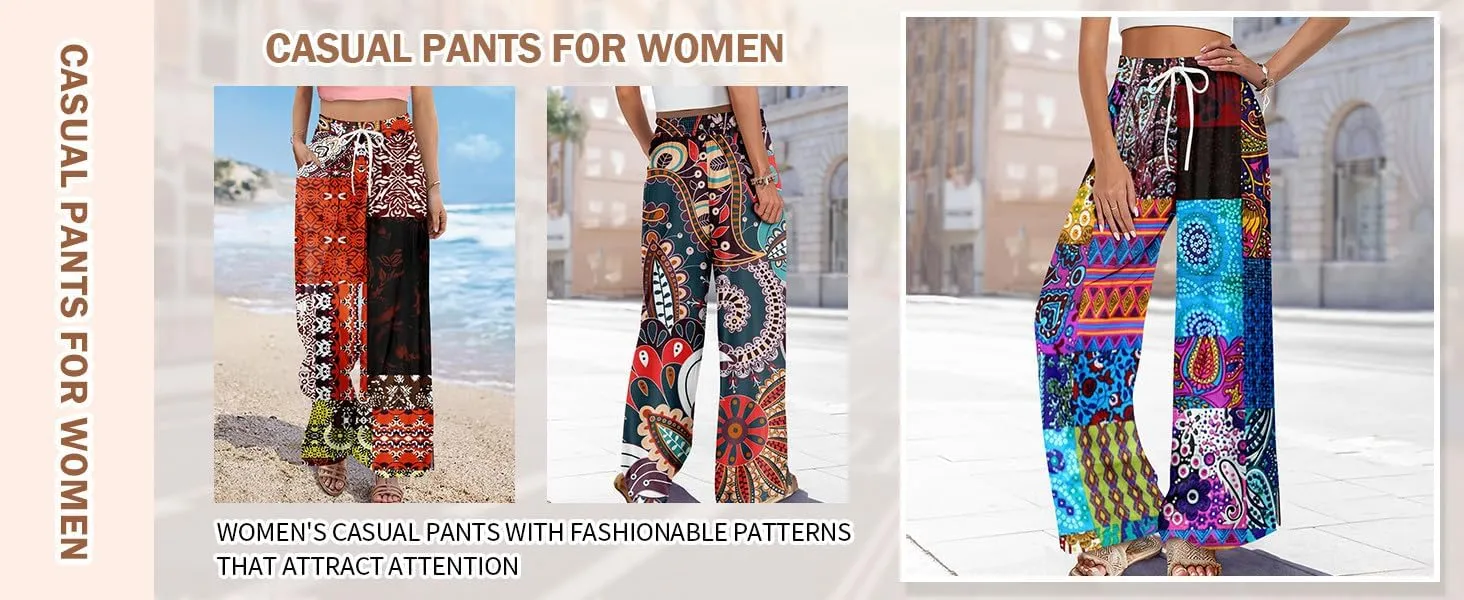 Wide Leg Pants Women Summer Boho High Waist Elastic Waist Palazzo Pants Trendy Casual Floral Print Trousers with Pockets