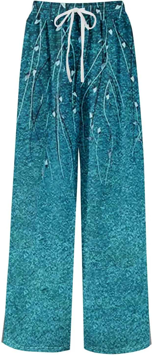 Wide Leg Pants Women Summer Boho High Waist Elastic Waist Palazzo Pants Trendy Casual Floral Print Trousers with Pockets