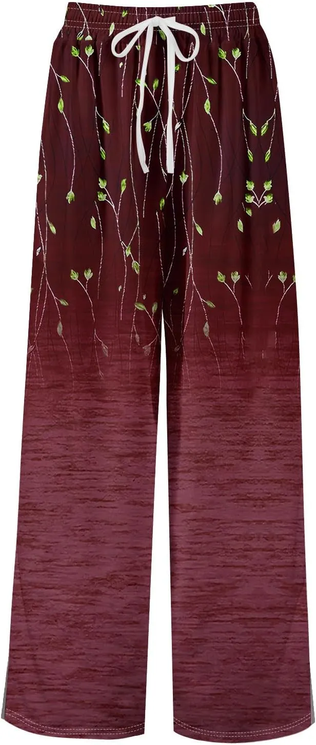 Wide Leg Pants Women Summer Boho High Waist Elastic Waist Palazzo Pants Trendy Casual Floral Print Trousers with Pockets