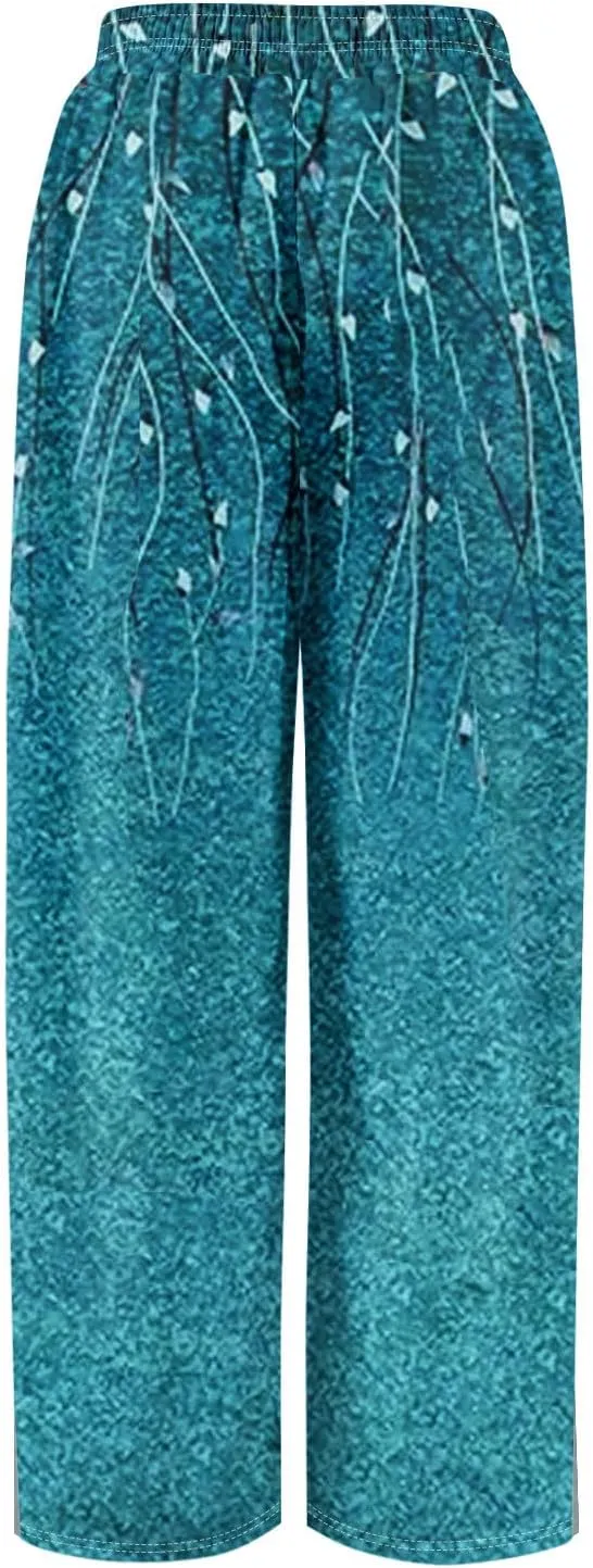 Wide Leg Pants Women Summer Boho High Waist Elastic Waist Palazzo Pants Trendy Casual Floral Print Trousers with Pockets