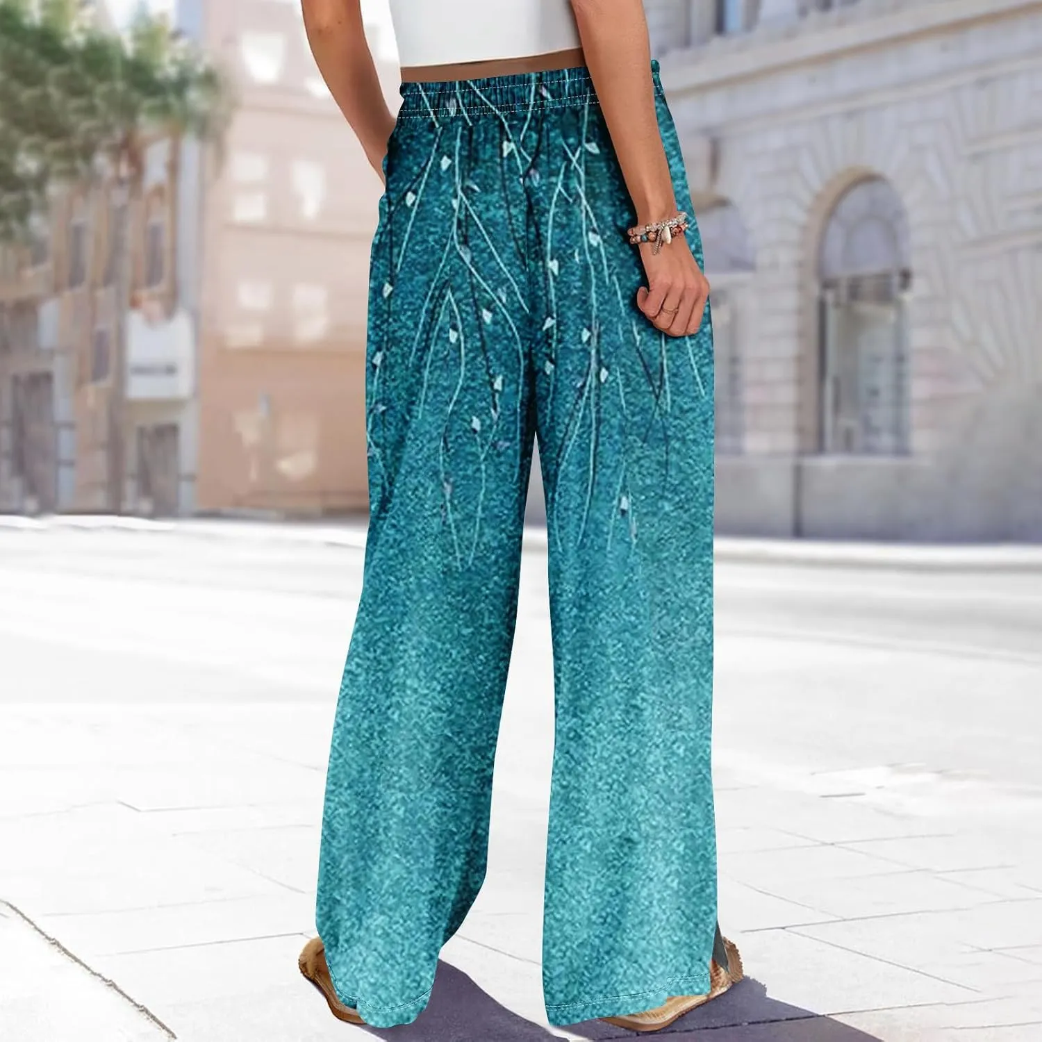 Wide Leg Pants Women Summer Boho High Waist Elastic Waist Palazzo Pants Trendy Casual Floral Print Trousers with Pockets