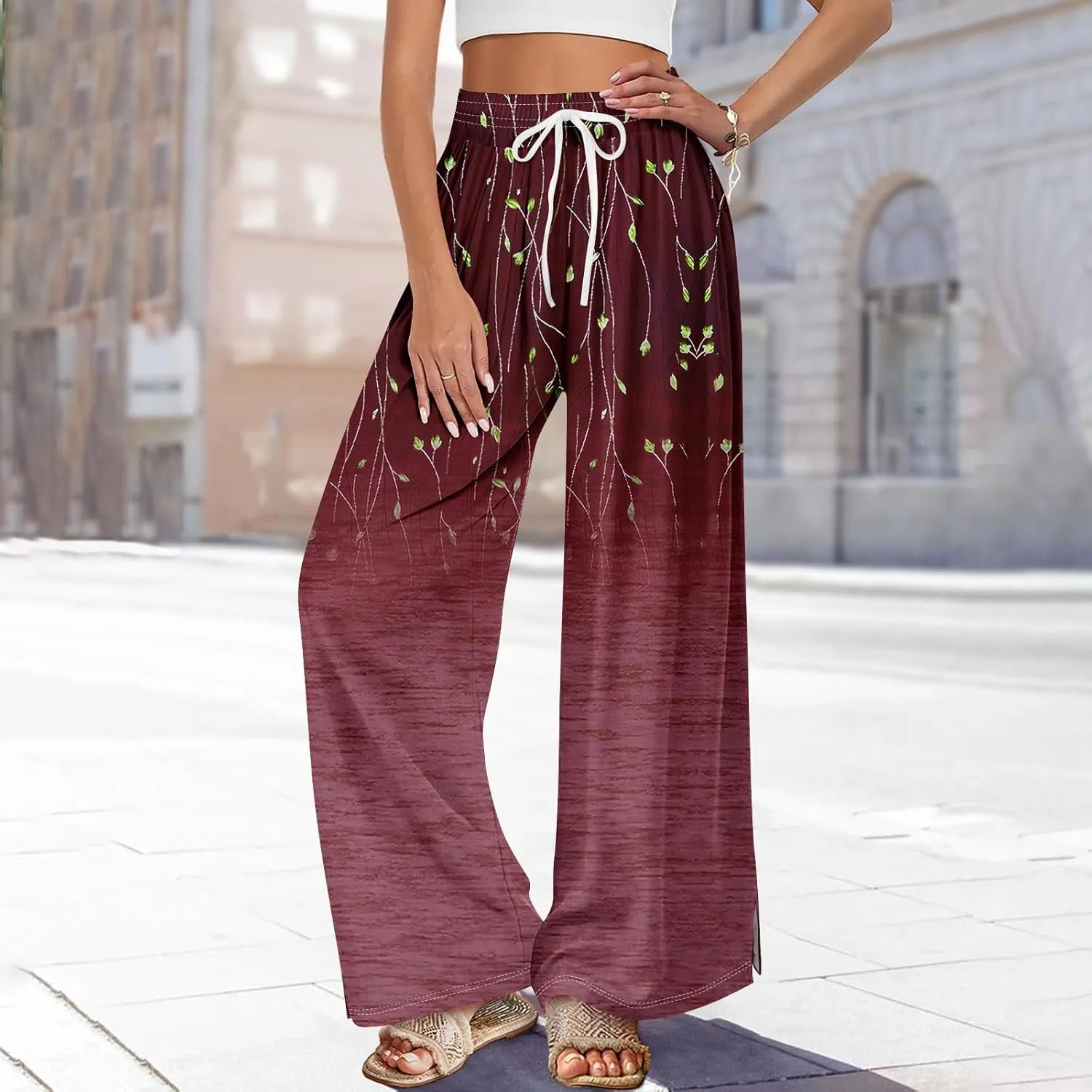 Wide Leg Pants Women Summer Boho High Waist Elastic Waist Palazzo Pants Trendy Casual Floral Print Trousers with Pockets