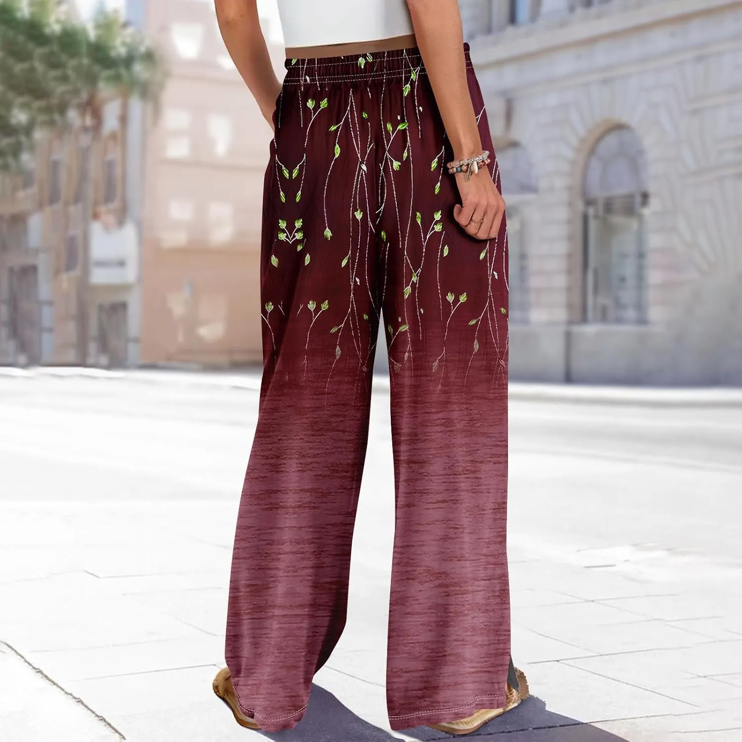 Wide Leg Pants Women Summer Boho High Waist Elastic Waist Palazzo Pants Trendy Casual Floral Print Trousers with Pockets
