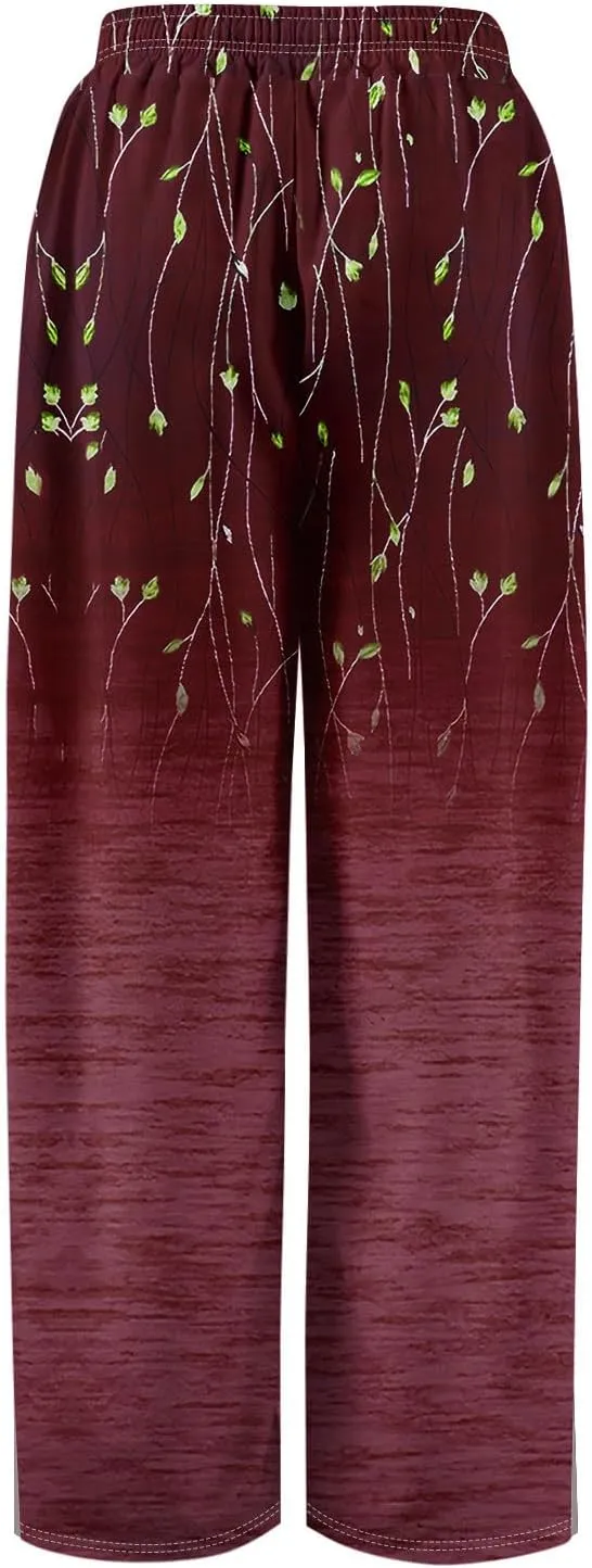 Wide Leg Pants Women Summer Boho High Waist Elastic Waist Palazzo Pants Trendy Casual Floral Print Trousers with Pockets