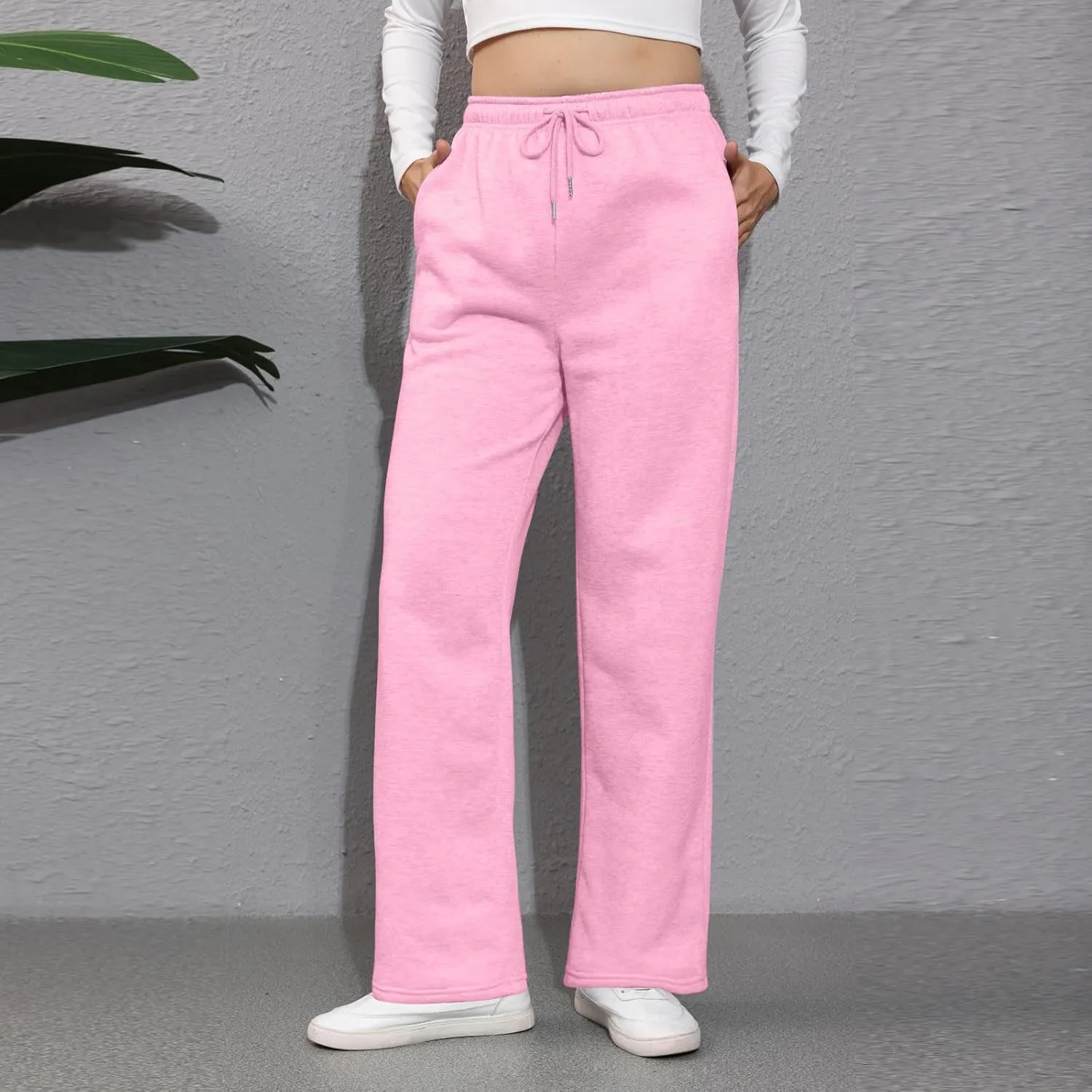 Wide Leg Sweat Pants for Womens High Waisted Fleece Sweatpants with Pockets Y2k Baggy Comfy Athletic Jogger Pants