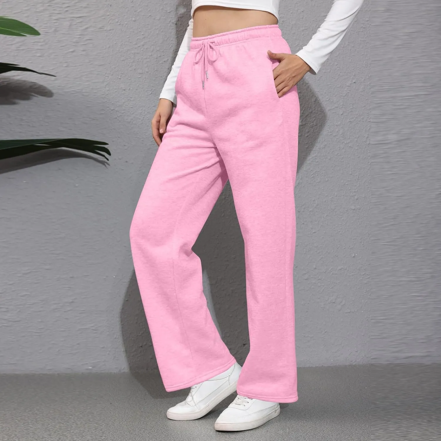 Wide Leg Sweat Pants for Womens High Waisted Fleece Sweatpants with Pockets Y2k Baggy Comfy Athletic Jogger Pants
