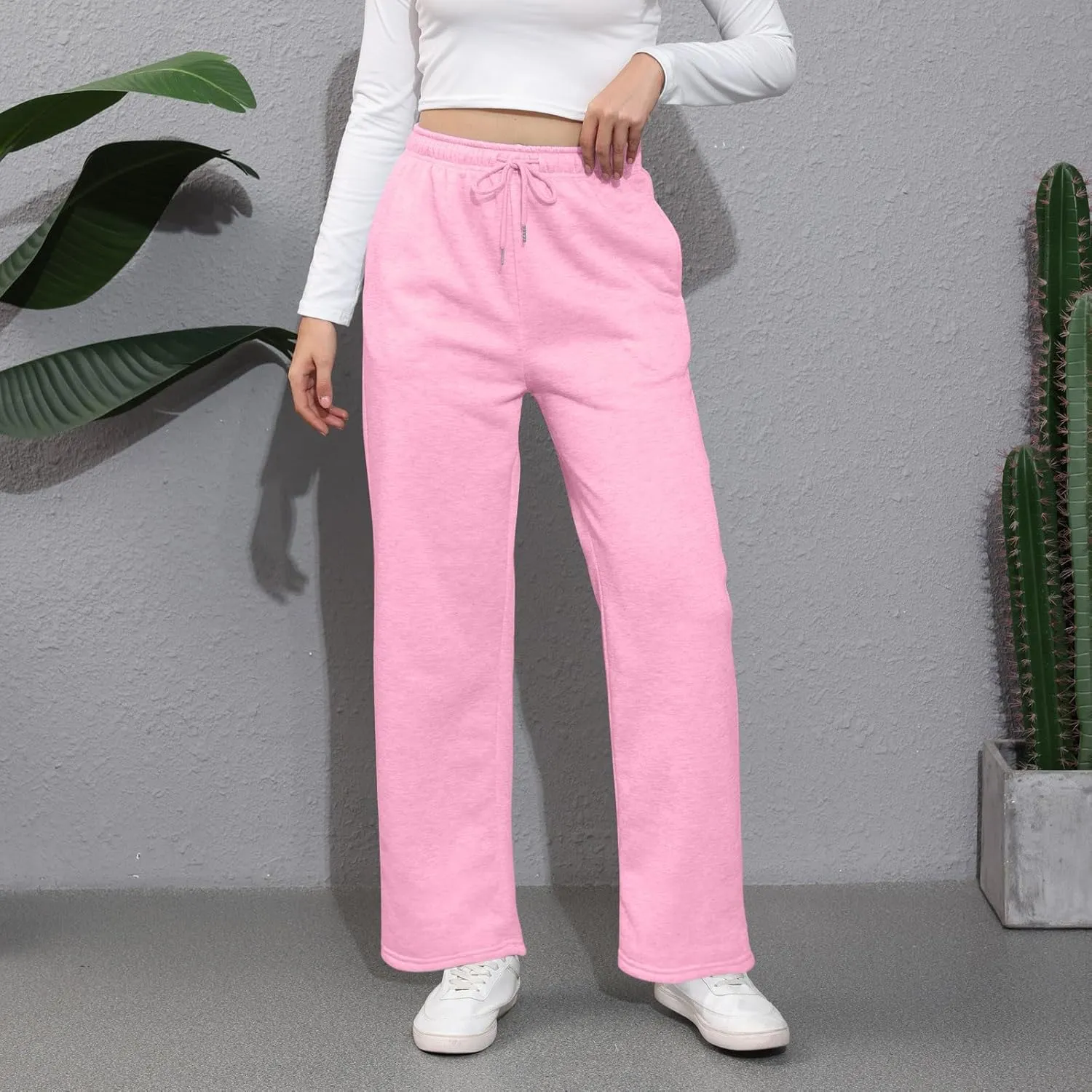 Wide Leg Sweat Pants for Womens High Waisted Fleece Sweatpants with Pockets Y2k Baggy Comfy Athletic Jogger Pants