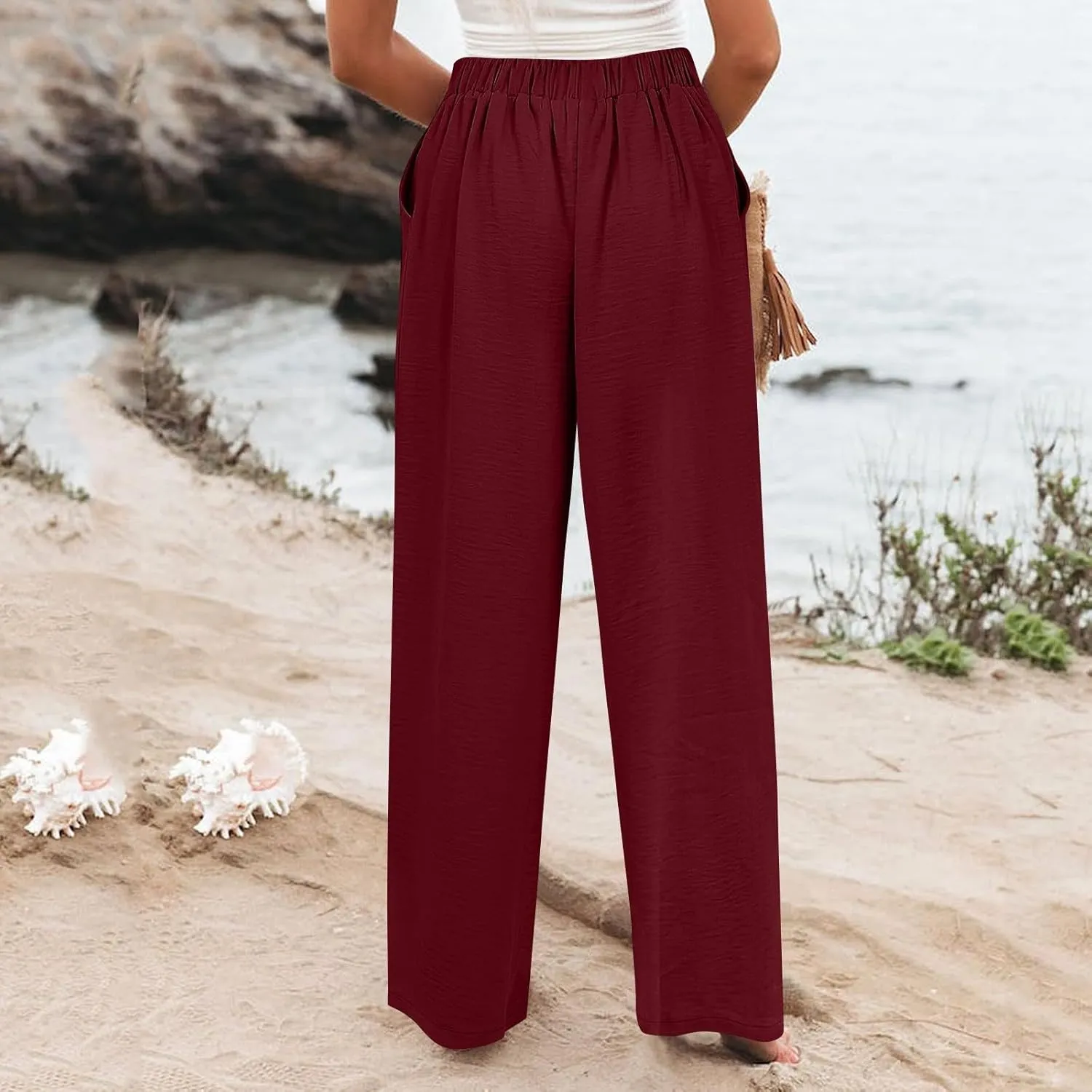 Wide Leg Trousers Pants for Women High Elastic Waisted in The Back Business Work Button Long Casual Pants Palazzo Plus