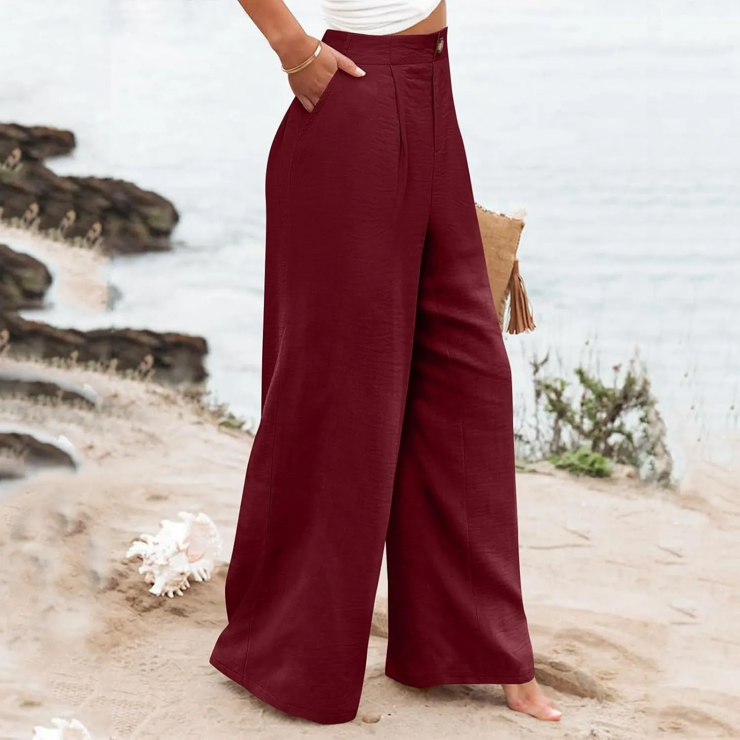 Wide Leg Trousers Pants for Women High Elastic Waisted in The Back Business Work Button Long Casual Pants Palazzo Plus