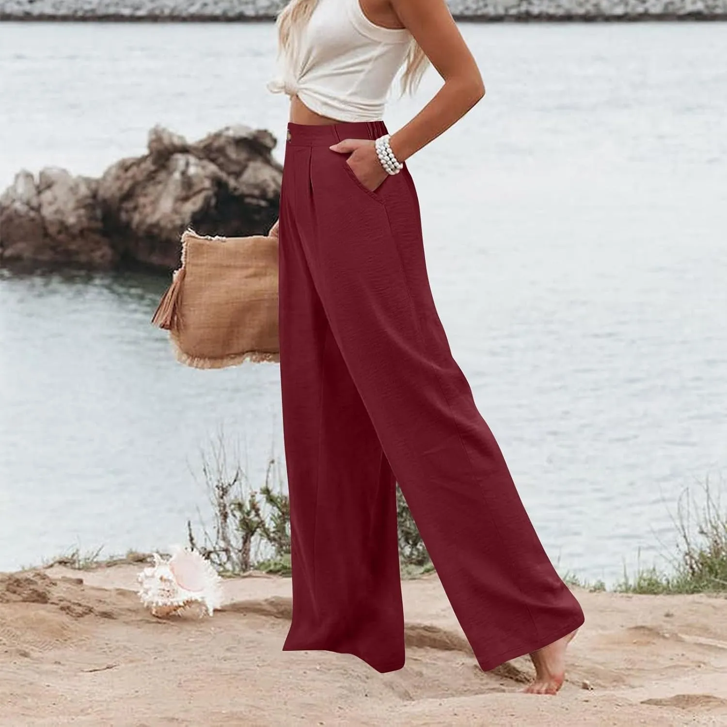Wide Leg Trousers Pants for Women High Elastic Waisted in The Back Business Work Button Long Casual Pants Palazzo Plus