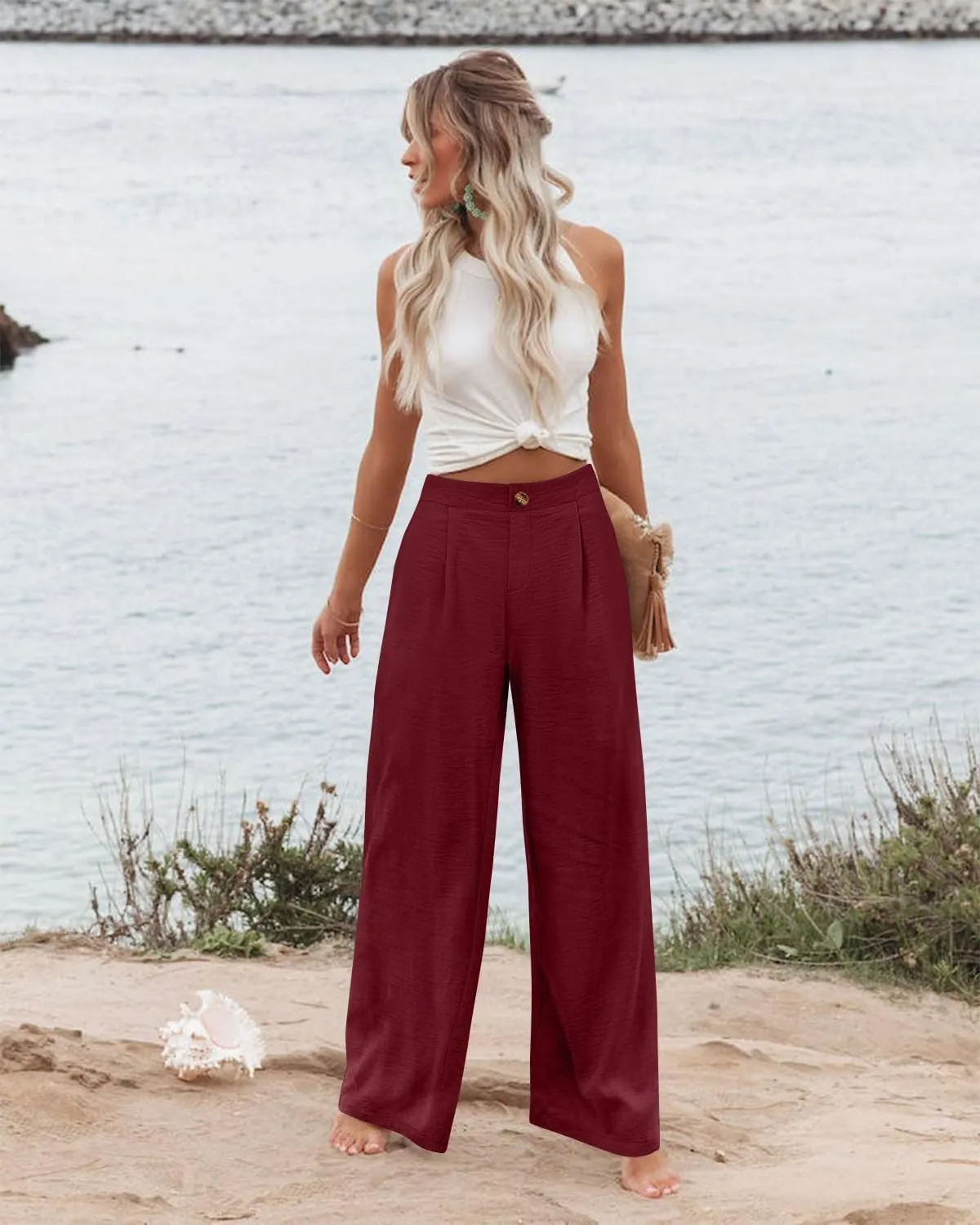 Wide Leg Trousers Pants for Women High Elastic Waisted in The Back Business Work Button Long Casual Pants Palazzo Plus