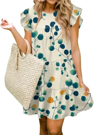 Women Babydoll Summer Casual Crew Neck Ruffle Sleeve Sleeveless Flowy Mini Short Tunic Dress Floral Print Pleated Dress3-Light Blue,Small