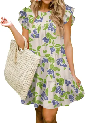 Women Babydoll Summer Casual Crew Neck Ruffle Sleeve Sleeveless Flowy Mini Short Tunic Dress Floral Print Pleated Dress3-Light Green,Medium