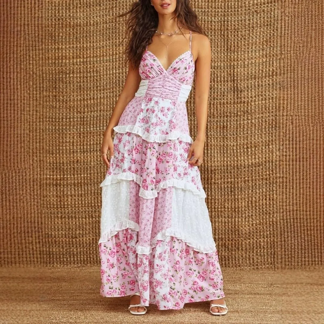 Women Boho Maxi Dress Y2k Floral Smocked Long Dresses Sleeveless Flowy Summer Vocation Beach Sundress
