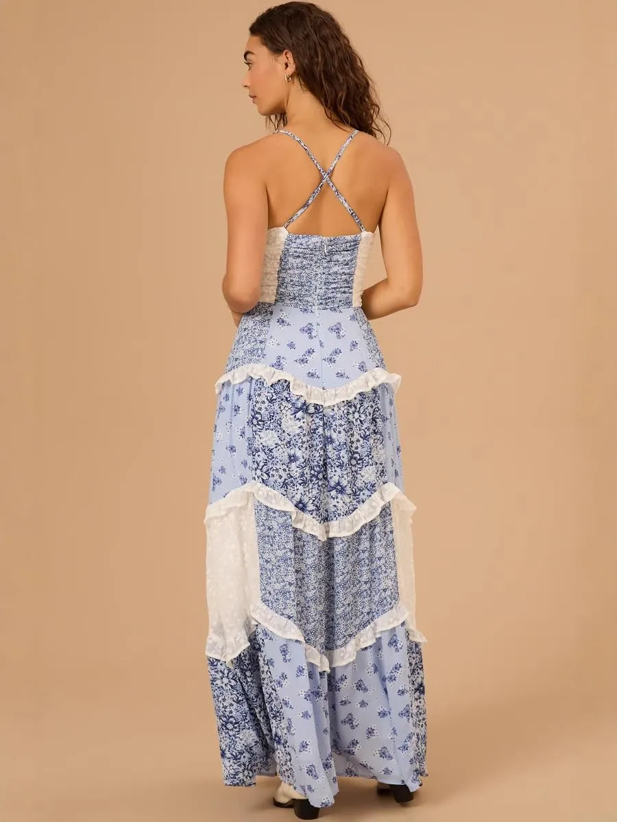 Women Boho Maxi Dress Y2k Floral Smocked Long Dresses Sleeveless Flowy Summer Vocation Beach Sundress