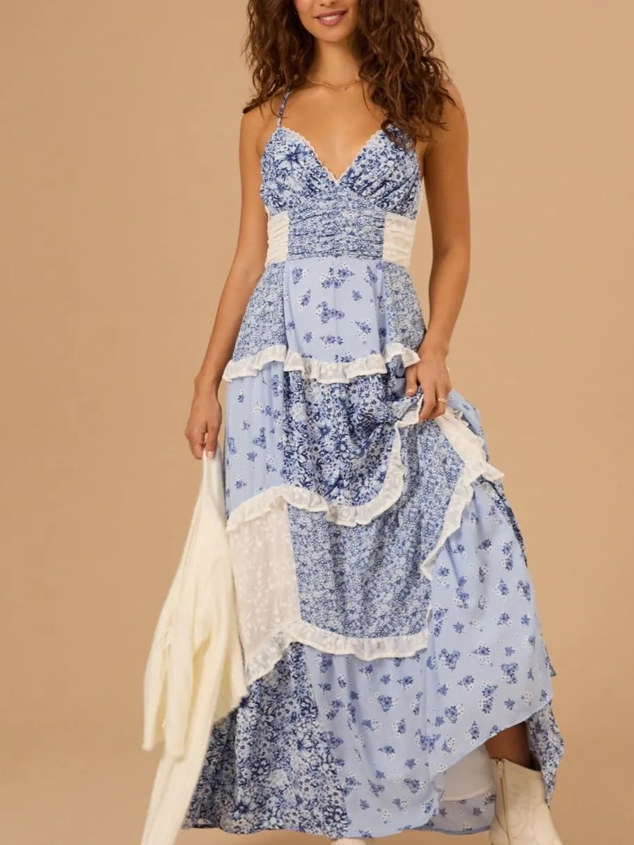 Women Boho Maxi Dress Y2k Floral Smocked Long Dresses Sleeveless Flowy Summer Vocation Beach Sundress