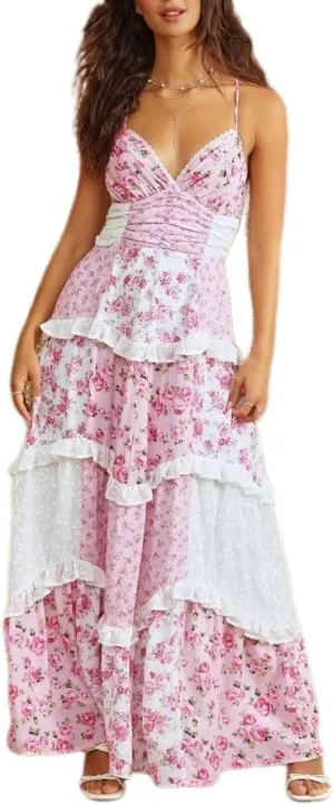 Women Boho Maxi Dress Y2k Floral Smocked Long Dresses Sleeveless Flowy Summer Vocation Beach Sundress