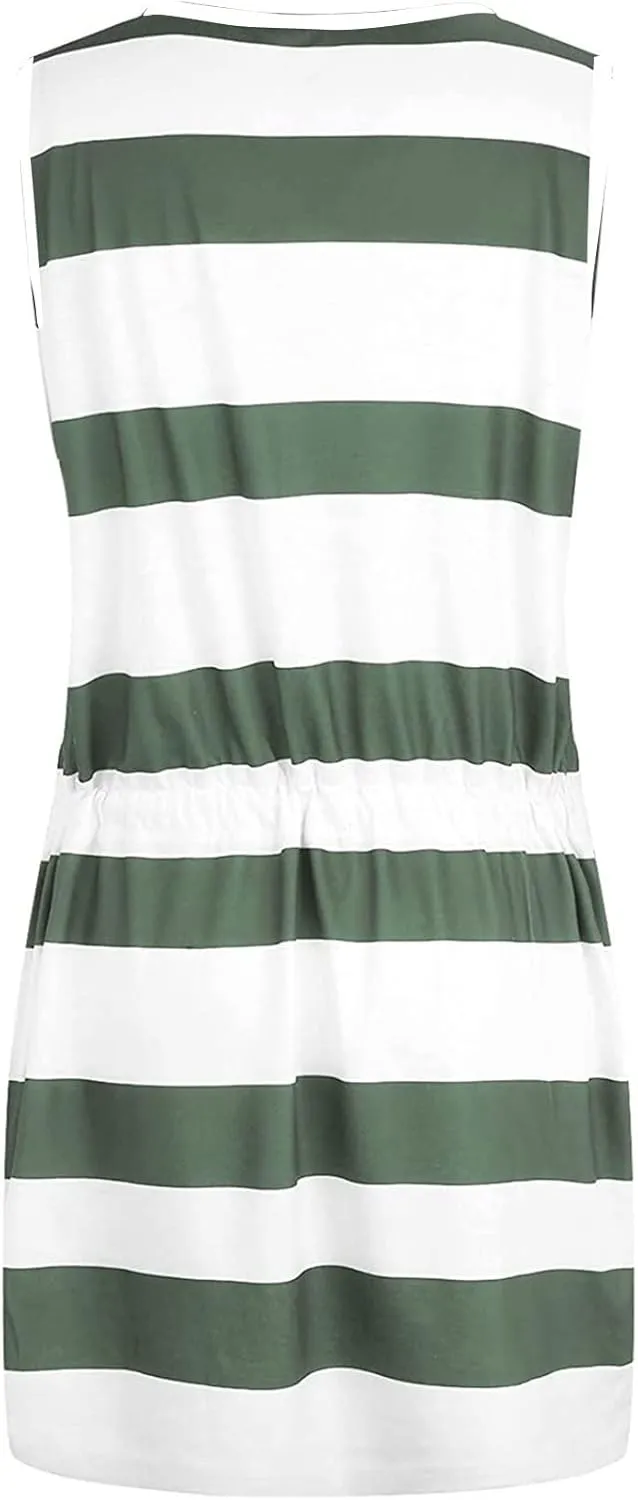 Women Casual Stripe Sundress V-Neck Sleeveless Beach Mini Dress Loose Drawstring Waist Short Dresses with Pockets