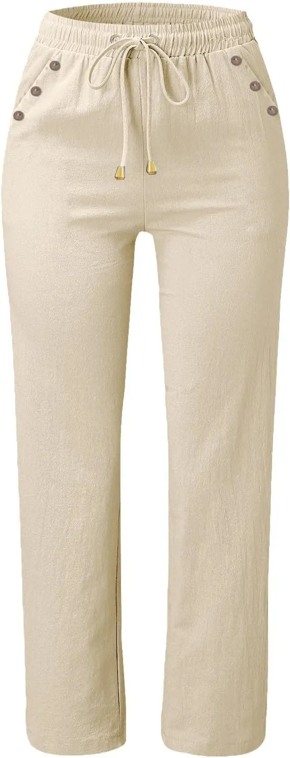 Women Cotton Linen Summer Casual Loose Palazzo Lounge Pants Elastic Waisted Ankle Length Slim Fit Pants Trendy