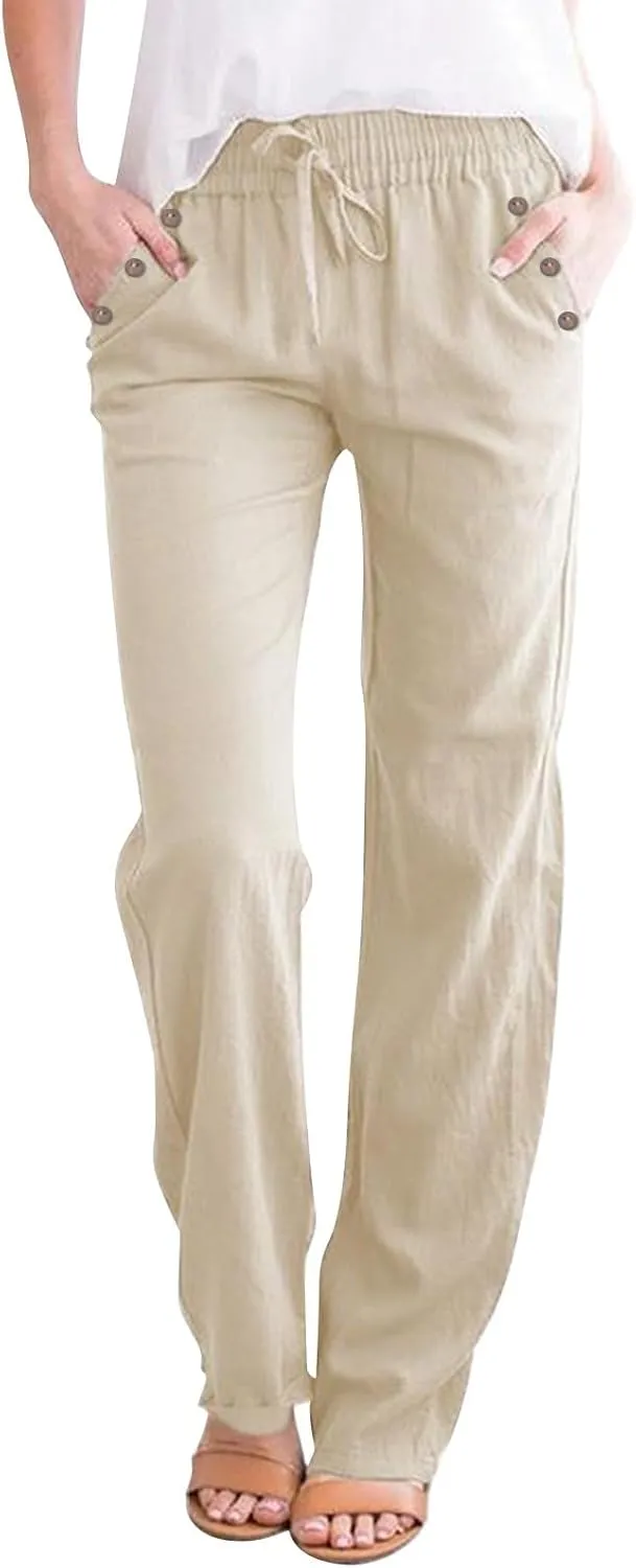 Women Cotton Linen Summer Casual Loose Palazzo Lounge Pants Elastic Waisted Ankle Length Slim Fit Pants Trendy