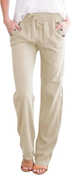 Women Cotton Linen Summer Casual Loose Palazzo Lounge Pants Elastic Waisted Ankle Length Slim Fit Pants Trendy