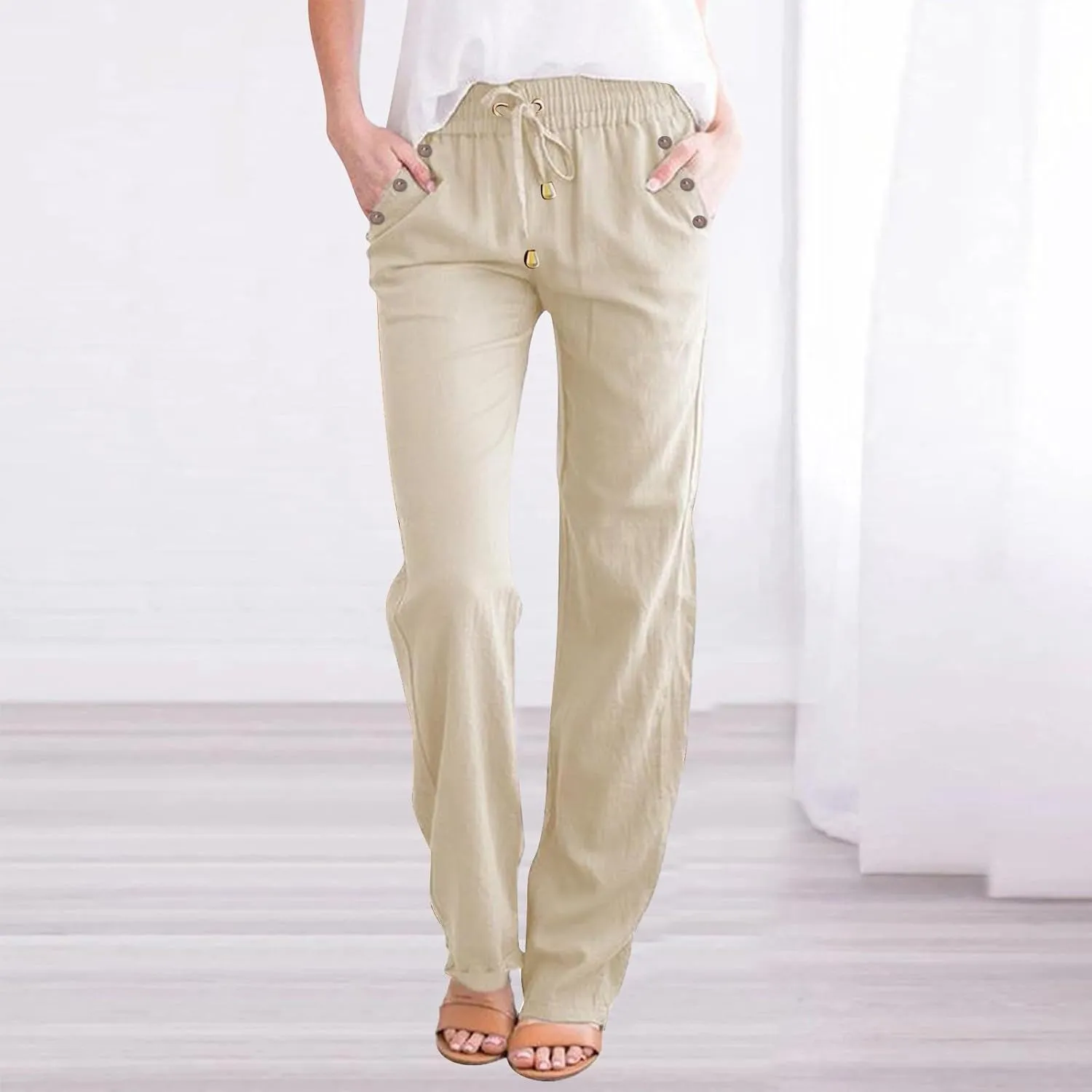 Women Cotton Linen Summer Casual Loose Palazzo Lounge Pants Elastic Waisted Ankle Length Slim Fit Pants Trendy