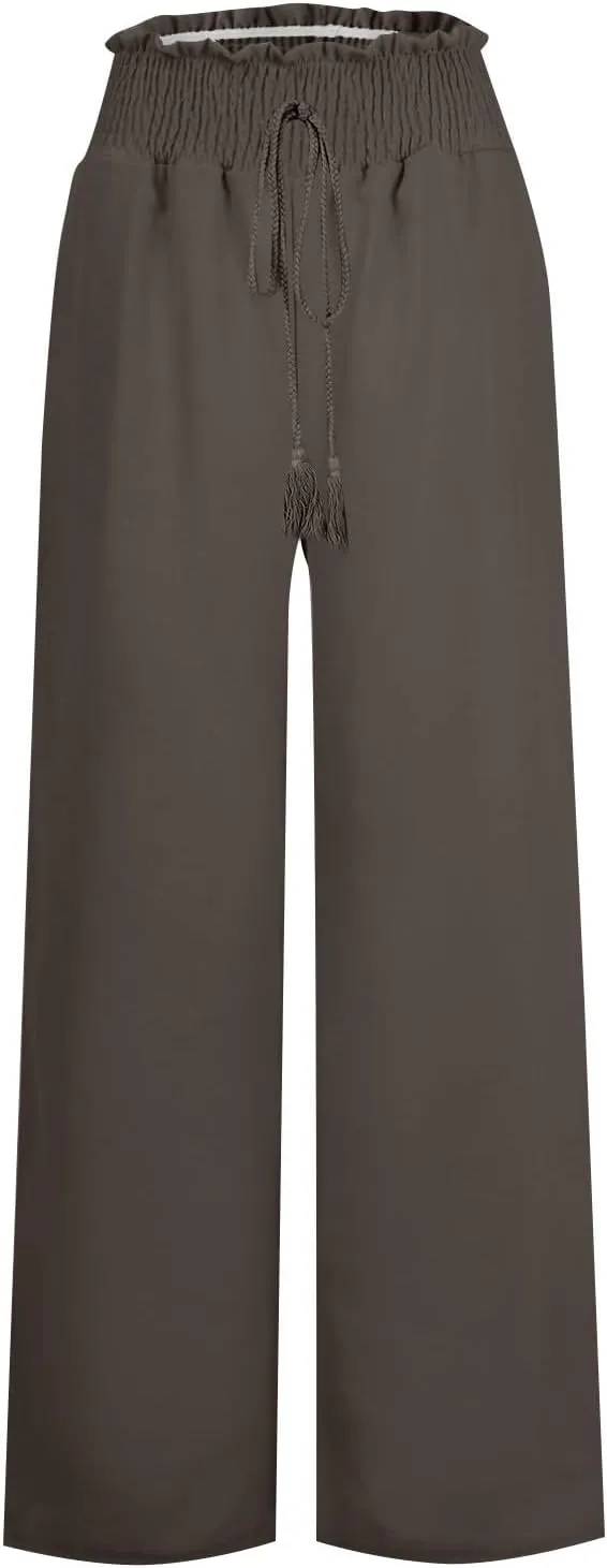 Women Cotton Linen Summer Floral Pant Trousers Elastic Waist Baggy Stretchy Slim Fit Trousers Trendy