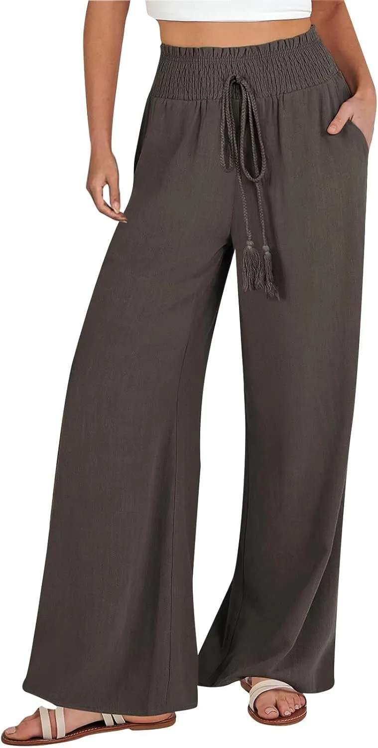 Women Cotton Linen Summer Floral Pant Trousers Elastic Waist Baggy Stretchy Slim Fit Trousers Trendy
