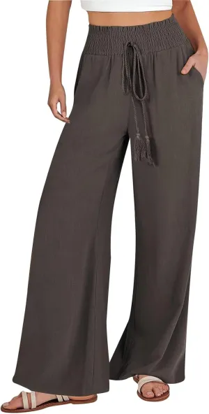 Women Cotton Linen Summer Floral Pant Trousers Elastic Waist Baggy Stretchy Slim Fit Trousers Trendy