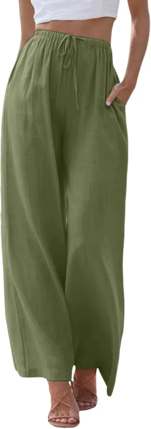 Women Cotton Linen Summer Tie Knot Palazzo Pants Elastic Waist Wide Leg Slim Fit Trouser Trendy