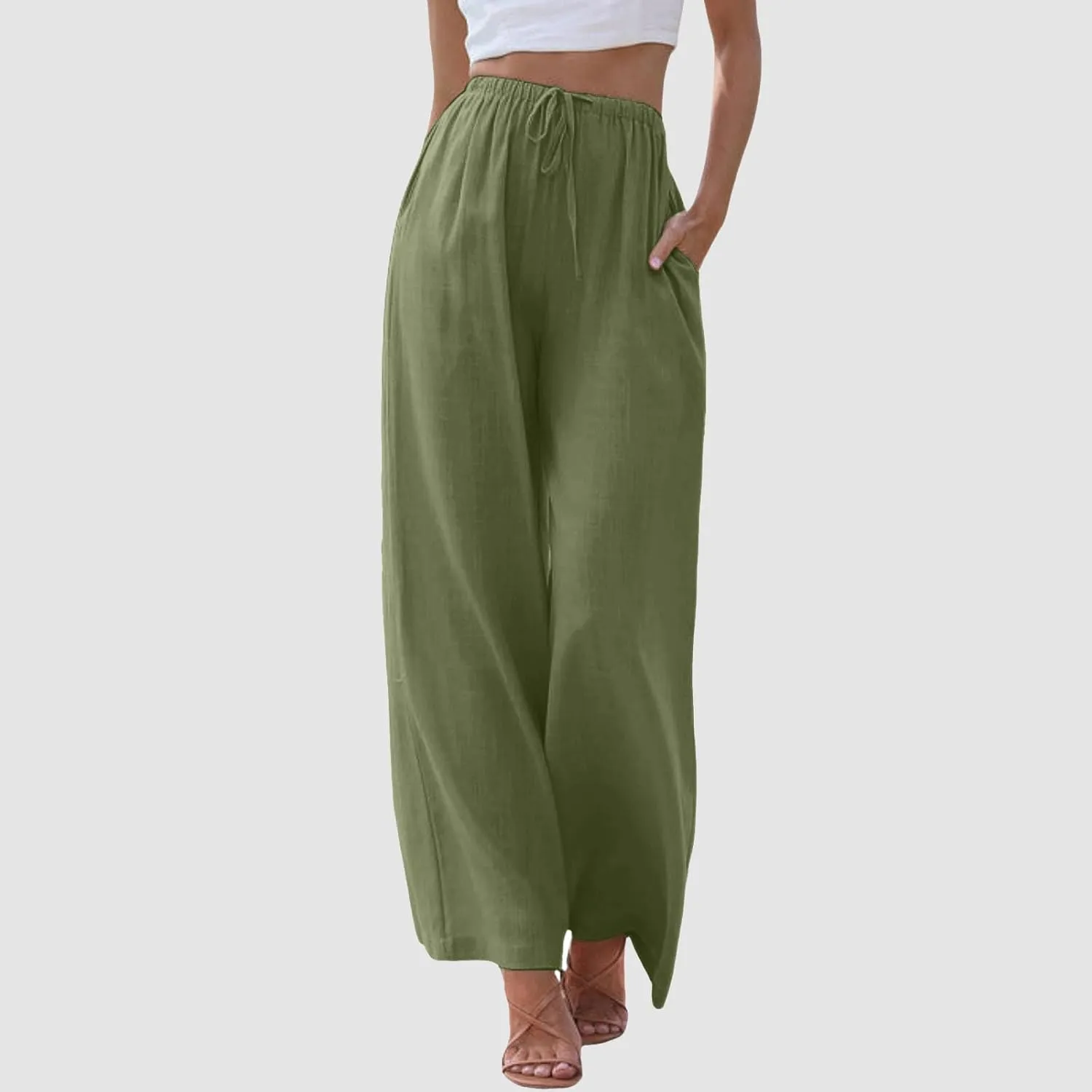 Women Cotton Linen Summer Tie Knot Palazzo Pants Elastic Waist Wide Leg Slim Fit Trouser Trendy