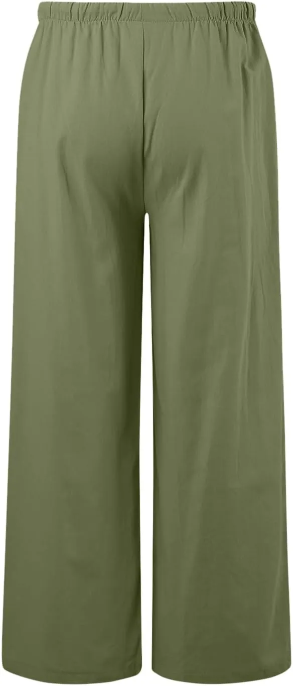 Women Cotton Linen Summer Tie Knot Palazzo Pants Elastic Waist Wide Leg Slim Fit Trouser Trendy