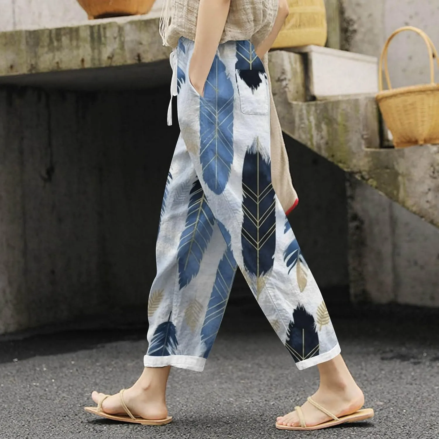 Women Cotton Linen Summer Trendy Pant Trousers Elastic Waisted Long Lounge Slim Fit Pants Beach