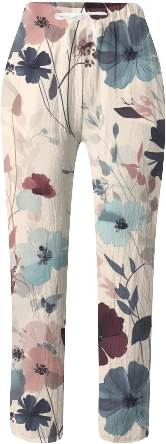 Women Cotton Linen Summer Trendy Pant Trousers Elastic Waisted Long Lounge Slim Fit Pants Beach