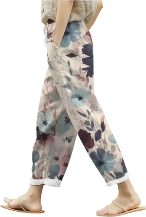Women Cotton Linen Summer Trendy Pant Trousers Elastic Waisted Long Lounge Slim Fit Pants Beach