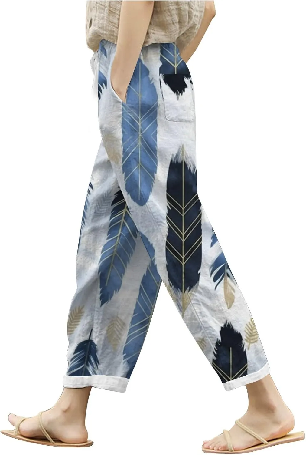 Women Cotton Linen Summer Trendy Pant Trousers Elastic Waisted Long Lounge Slim Fit Pants Beach