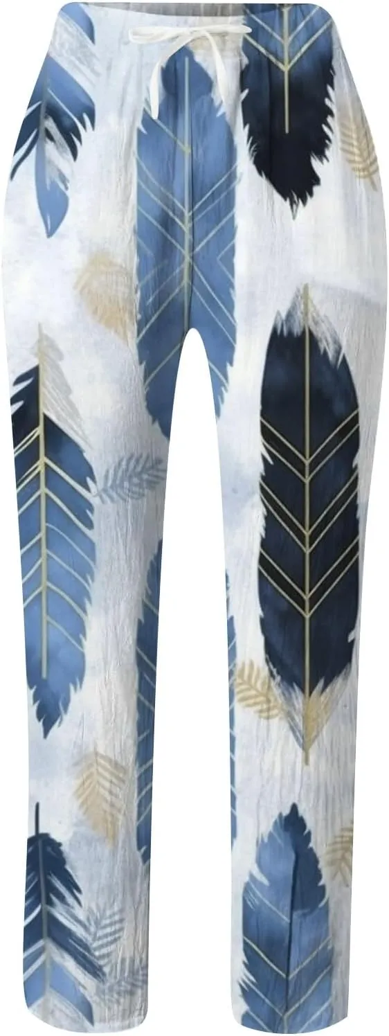 Women Cotton Linen Summer Trendy Pant Trousers Elastic Waisted Long Lounge Slim Fit Pants Beach