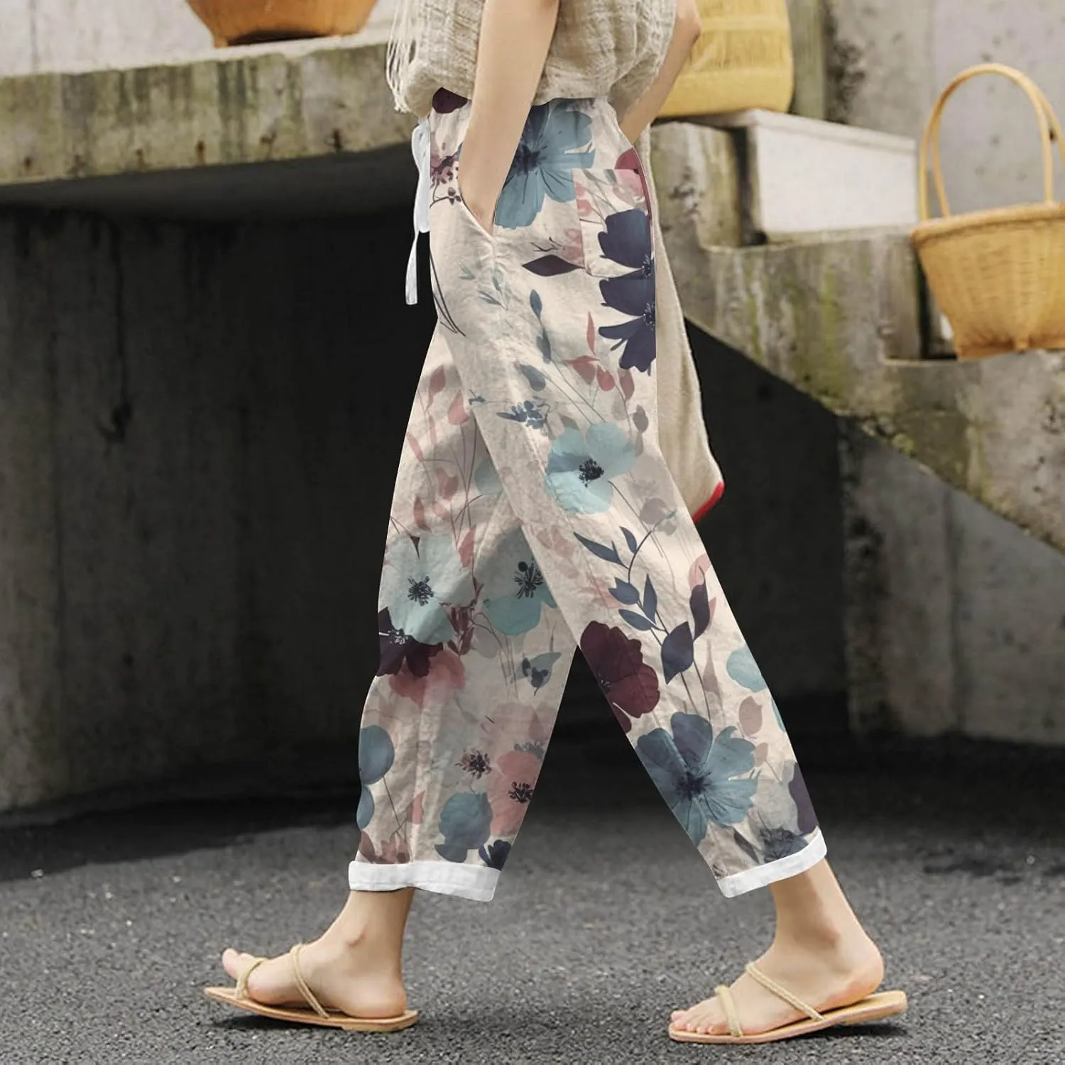 Women Cotton Linen Summer Trendy Pant Trousers Elastic Waisted Long Lounge Slim Fit Pants Beach