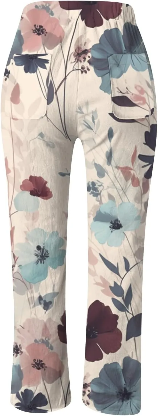 Women Cotton Linen Summer Trendy Pant Trousers Elastic Waisted Long Lounge Slim Fit Pants Beach