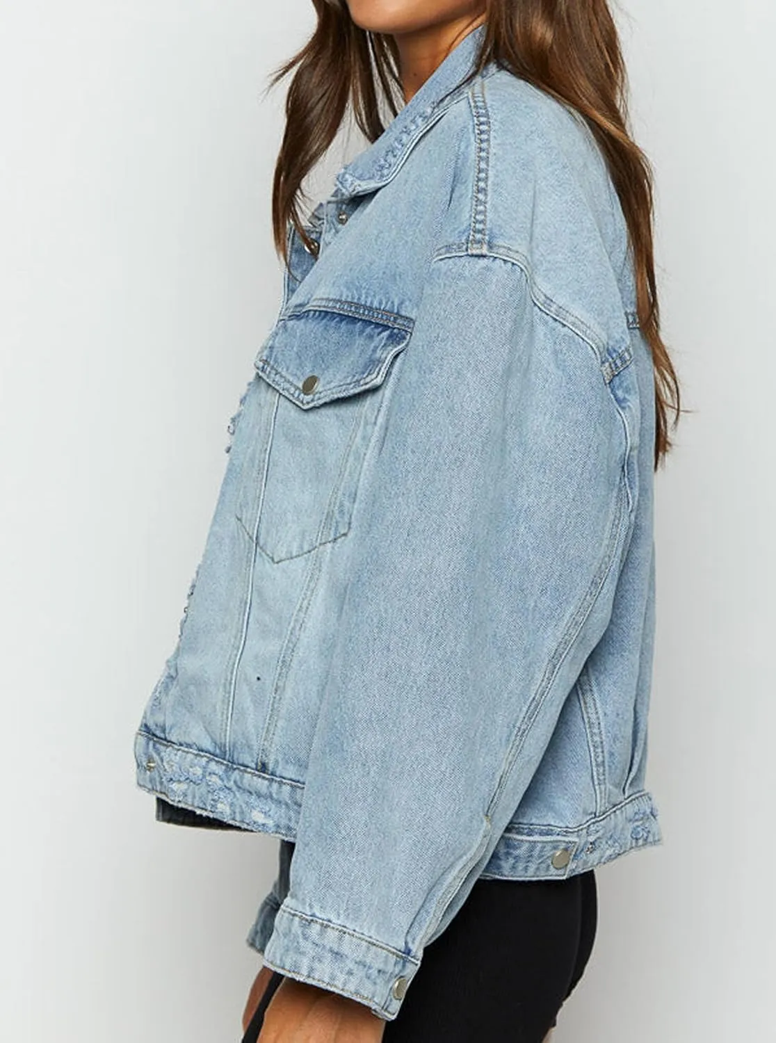 Women Distressed Light Wash Oversized Denim Jacket